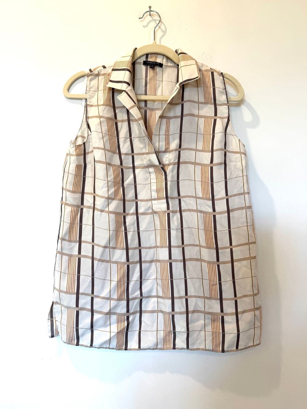 Lafayette 148 100% silk sleeveless collared shirt plaid ivory S old money